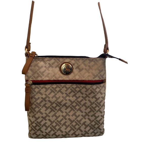 Tommy Hilfiger Womens Signature Logo Crossbody Bag Tan and Beige Brown Satchel - Picture 1 of 11